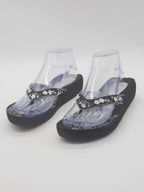 Candies 7 Black Wedge Flip-Flop Sandals with Rhinestone Floral Accents